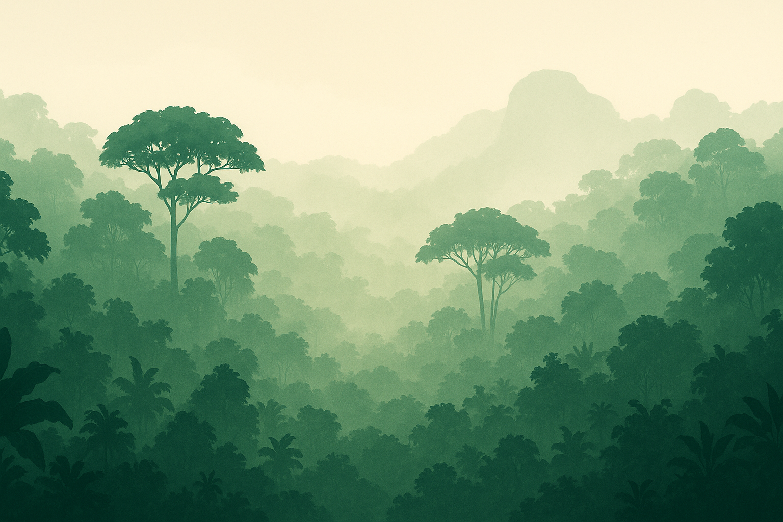 Bosque amazónico tranquilo con tonos verdes profundos y niebla suave